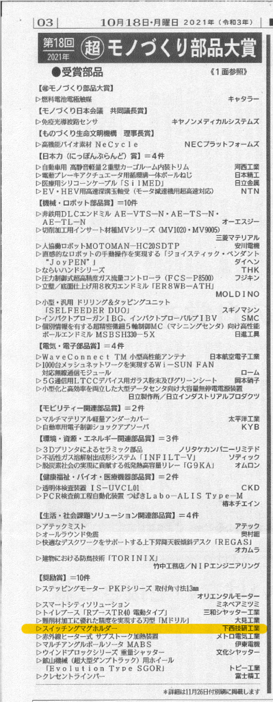 2021年10月18日付の日刊工業新聞にて受賞発表されました