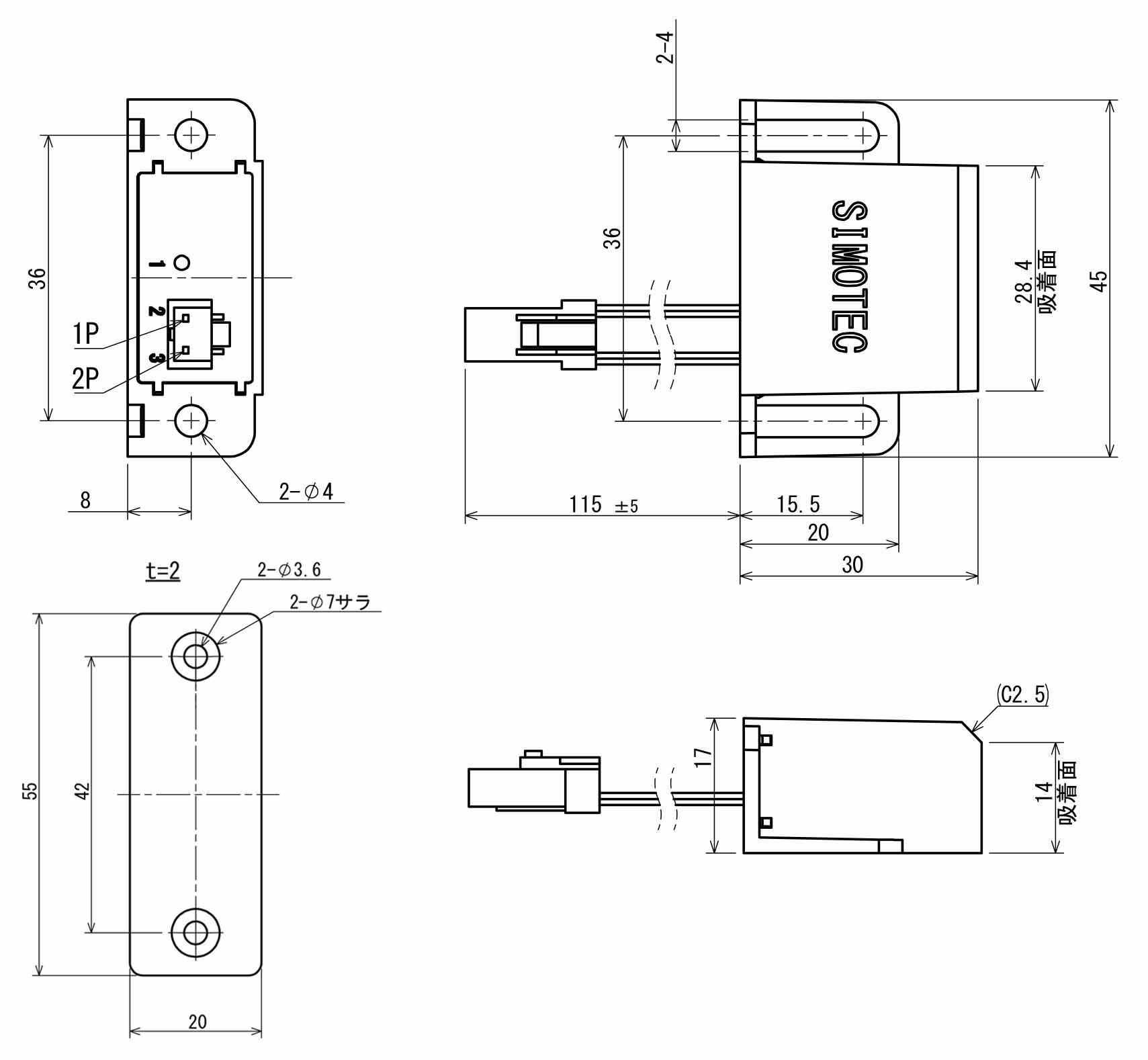 IP67防水開閉検知センサ外部電源不要タイプの図面