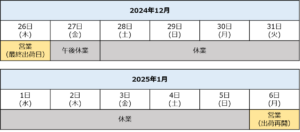 2024年冬季休業日