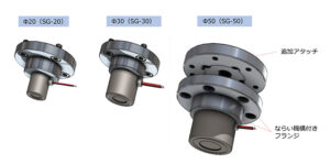スイッチングマググリッパーの画像。スイッチングマググリッパーには3種あり、φ50（SG-50B）タイプには追加アタッチとならい機構付きフランジが搭載されています。