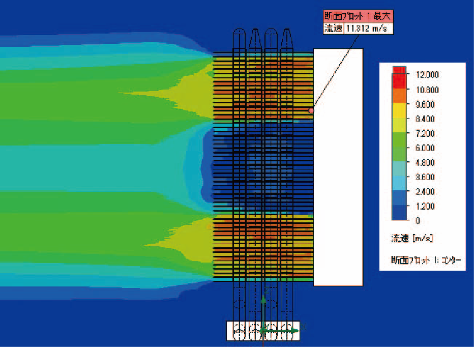 ファンの解析事例における流速(ファンType1)の図。解析結果の表で使用。