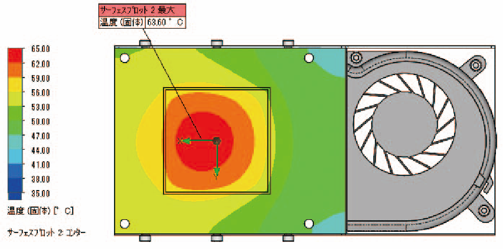 ヒートシンクの解析事例における温度分布（フィン枚数45枚、フィンピッチ2.0mm）の図。解析結果の表で使用。