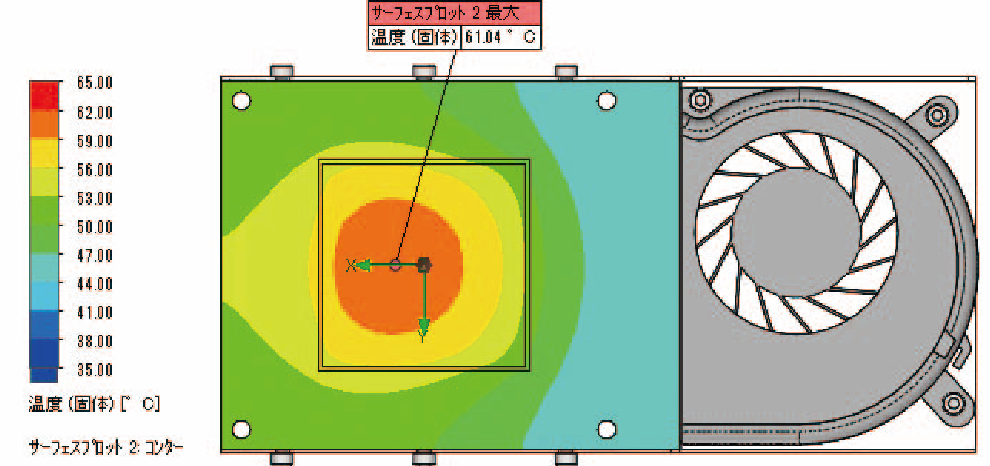 ヒートシンクの解析事例における温度分布（フィン枚数50枚、フィンピッチ1.8mm）の図。解析結果の表で使用。