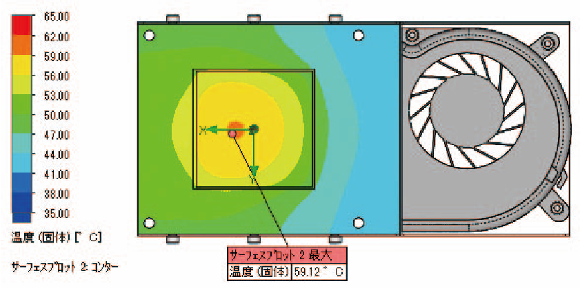ヒートシンクの解析事例における温度分布（フィン枚数56枚、フィンピッチ1.6mm）の図。解析結果の表で使用。