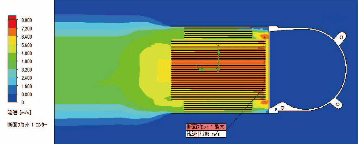 ヒートシンクの解析事例における流速（フィン枚数45枚、フィンピッチ2.0mm）の図。解析結果の表で使用。