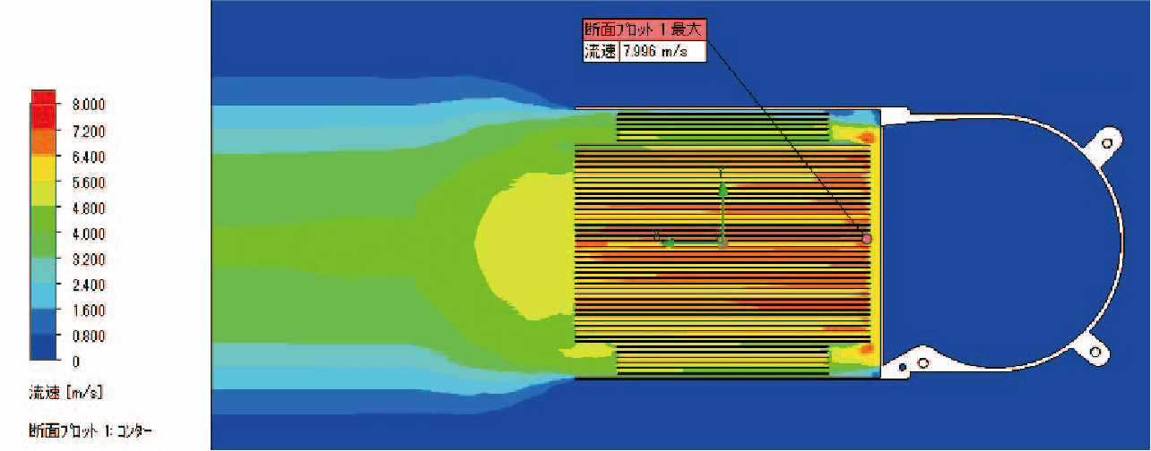 ヒートシンクの解析事例における流速（フィン枚数50枚、フィンピッチ1.8mm）の図。解析結果の表で使用。