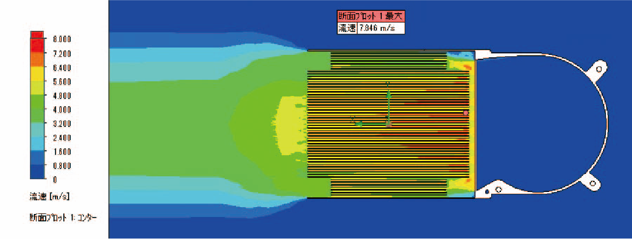 ヒートシンクの解析事例における流速（フィン枚数56枚、フィンピッチ1.6mm）の図。解析結果の表で使用。