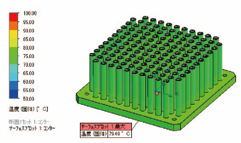 自然空冷ヒートシンクの解析事例における全体温度(高さ100mm)の図。解析結果の表で使用。