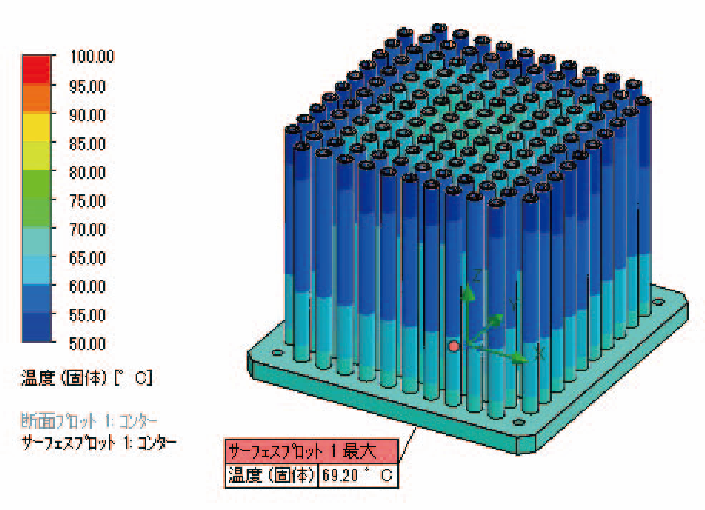 自然空冷ヒートシンクの解析事例における全体温度(高さ200mm)の図。解析結果の表で使用。