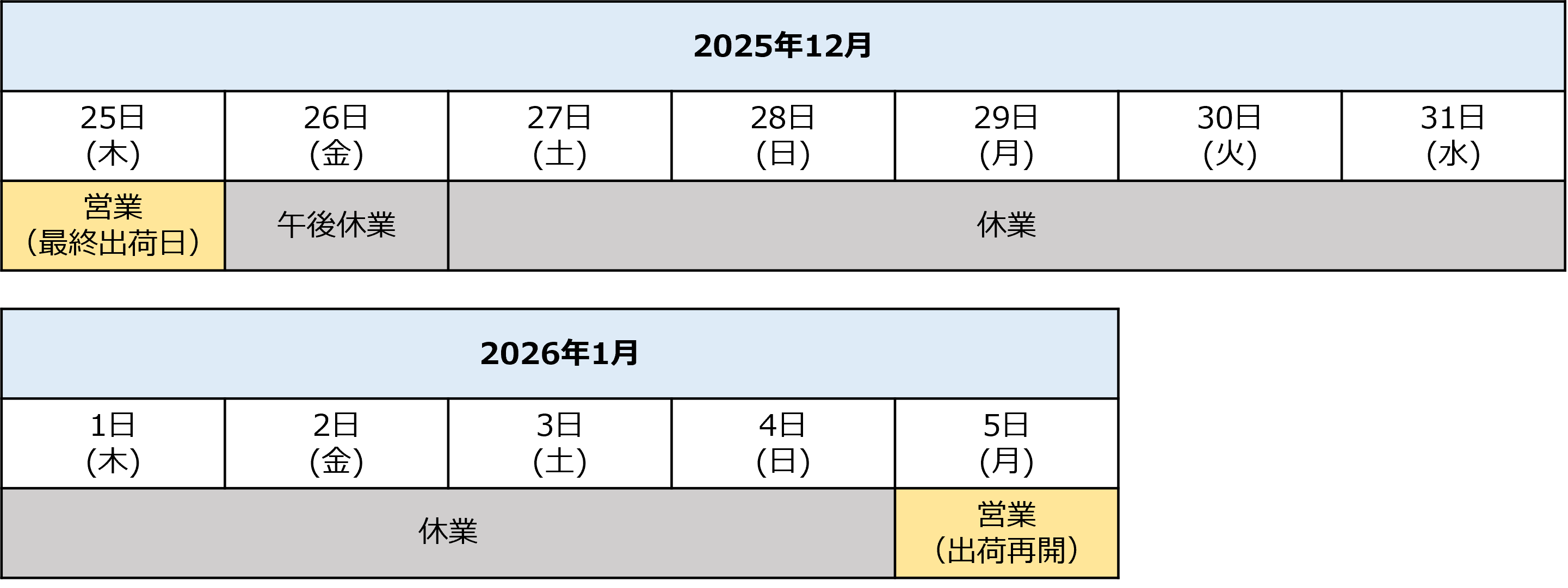 2025年冬季休業日